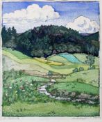 Charlotte ROLLINS (XIX - XX). "Landschaft mit Bach". 22,5 cm x 19 cm im Ausschnitt. Holzschnitt.