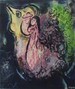 Marc CHAGALL (1887-1985). Liebespaar mit Hahn. 44 cm x 38 cm. Lithographie im Stein signiert. Aus