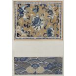 2 Textilien. Eine Stickerei und ein Flachgewebe. China. Wohl 18. / 19. Jahrhundert. Bis 30 cm x 24