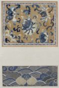 2 Textilien. Eine Stickerei und ein Flachgewebe. China. Wohl 18. / 19. Jahrhundert. Bis 30 cm x 24