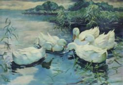 Ernst GERHARD (1867 - 1948). Fünf Enten, 1917. 66 cm x 93 cm. Gemälde. Öl auf Leinwand. Rechts unten
