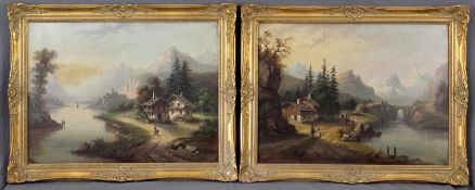 ROMANTISCHE SCHULE (XIX). Zwei alpine Flußlandschaften. Je 48 cm x 65 cm. Gemälde, Öl auf