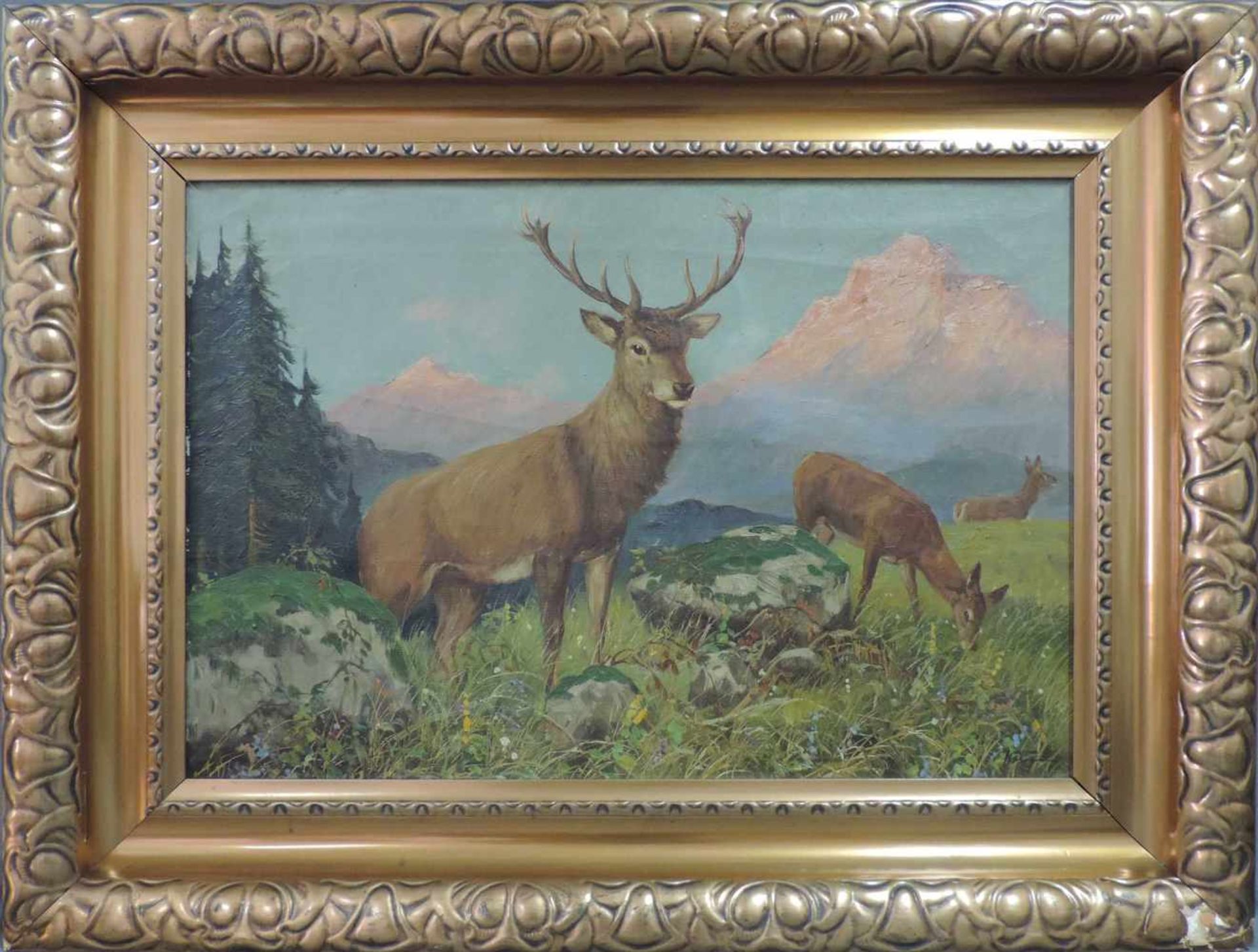 UNDEUTLICH SIGNIERT (XX). Kapitaler Hirsch im Hochgebirge. 55 cm x 80 cm. Gemälde, Öl auf - Image 2 of 7