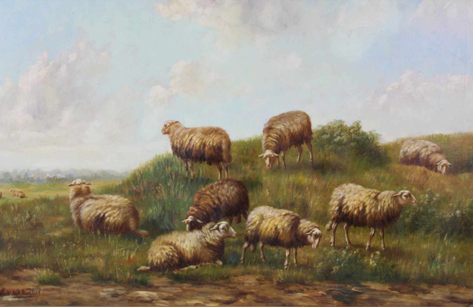 Arthur DE WAERHERT (1881 - 1944). 13 Schafe in weiter Sommerlandschaft. 60 cm x 90 cm. Gemälde. Öl