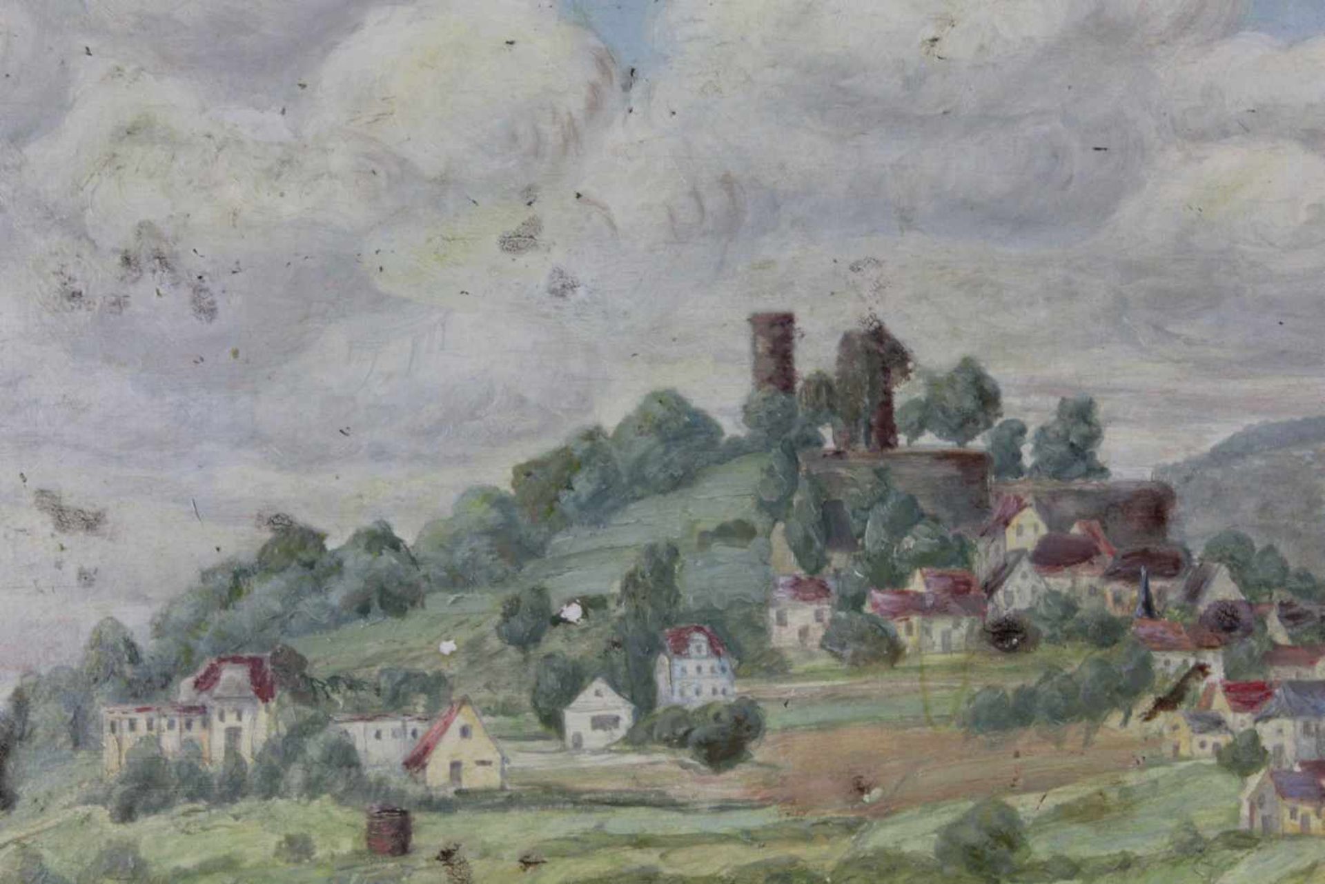 UNDEUTLICH SIGNIERT (XIX - XX). Burgruine und Kloster. 67 cm x 92 cm. Öl auf Holz. Rechts unten - Bild 3 aus 6