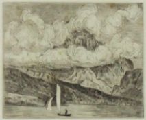 Hans THOMA (1839 - 1924). Bergsee (1917). Größe 13,2 cm x 16,2 cm. Entstehungsjahr 1917. Rechts