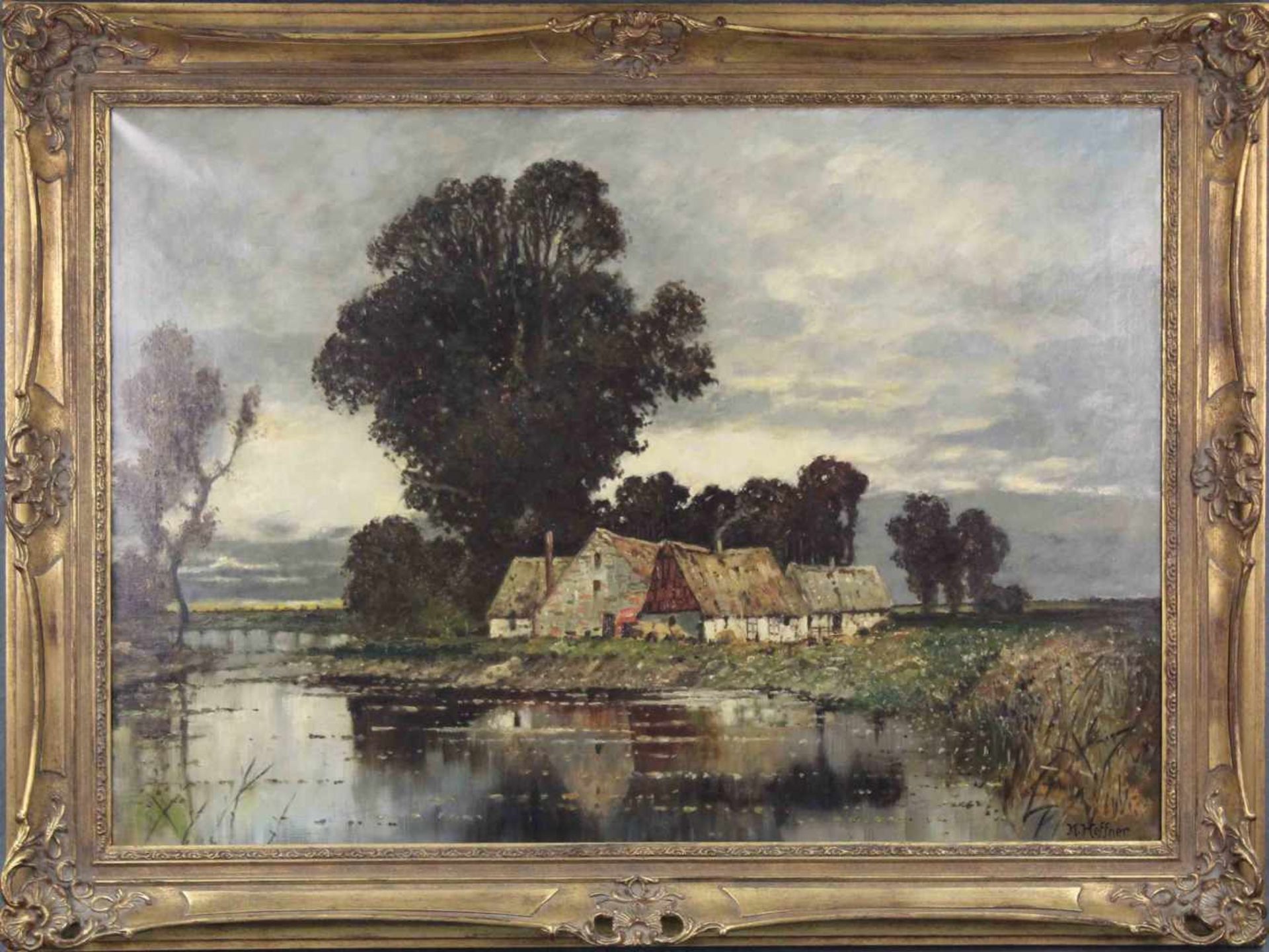 Karl HEFFNER (1849 - 1925). Flusslandschaft. 71 cm x 101 cm. Gemälde, Öl auf Leinwand. Signiert. - Image 2 of 7