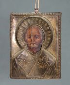 IKONE um 1800. Russland. Mit Silber Oklat. 9 cm x 7 cm. Travel icon around 1800. Russia. With silver