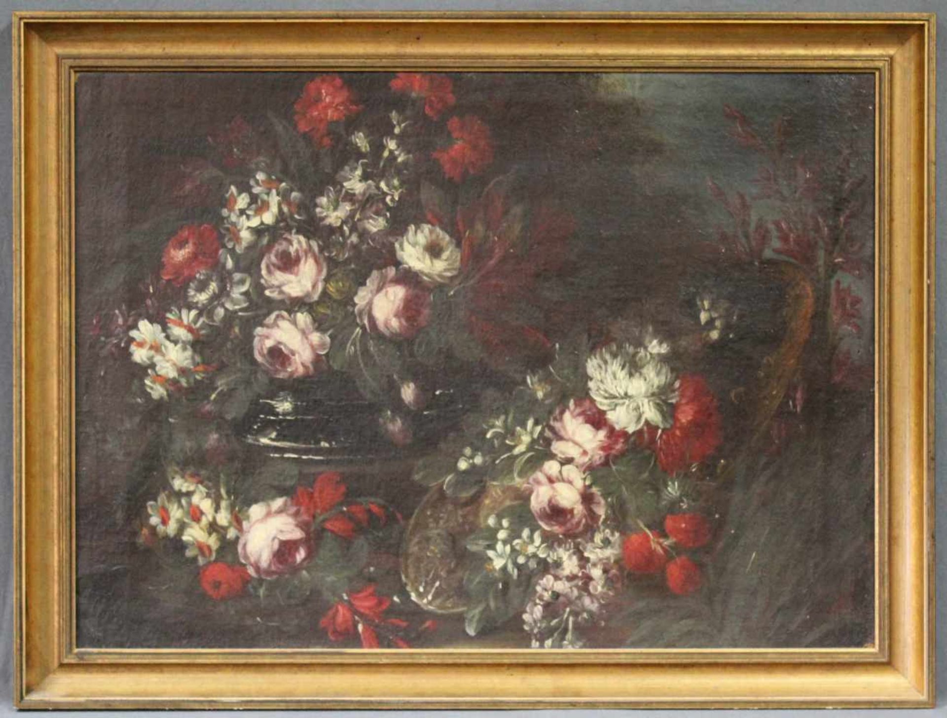 UNSIGNIERT (XVIII). Blumenstillleben. Ende 18. Jahrhundert. 53 cm x 73 cm. Gemälde, Öl auf Leinwand. - Bild 2 aus 5
