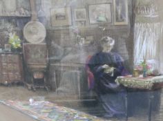 Wohl S. BARAIZE (XIX-XX). Dame bei Stricken. 50 cm x 65 cm. Gemälde. Mischtechnik Aquarell und