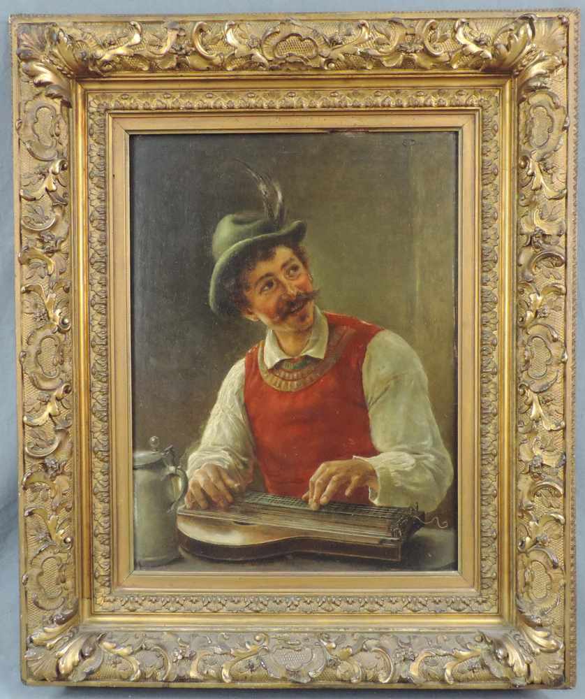 Eduard DAELEN (1848 - 1923). Bayer beim zupfen einer Zither. 44 cm x 33 cm. Gemälde, Öl auf Holz. - Image 2 of 8