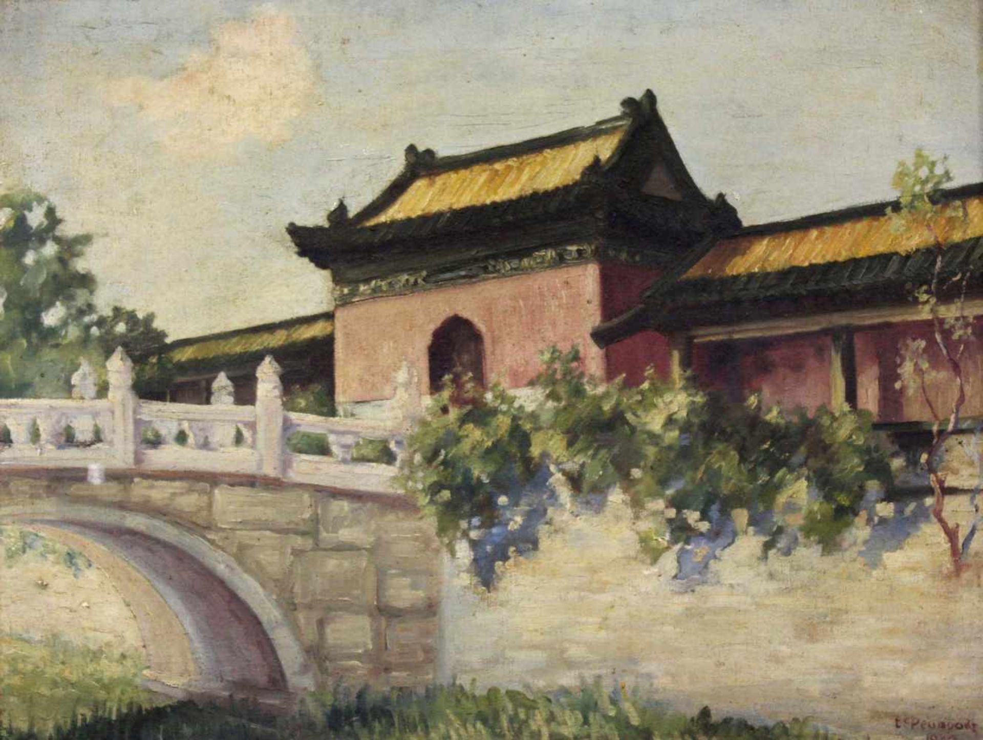 UNDEUTLICH SIGNIERT (XX). Peking, Chai Kung Palace. South gate. 1930. 41cm x 53 cm. Gemälde, Öl