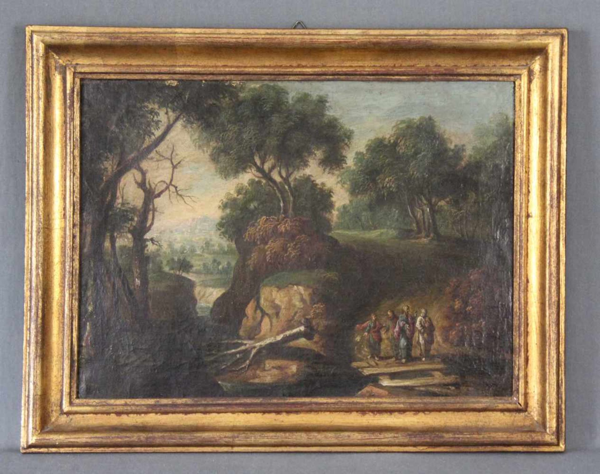 UNSIGNIERT (XVII - XVIII). Jesus mit drei Jüngern. 30 cm x 41 cm. Gemälde. Öl auf Leinwand. UNSIGNED - Bild 2 aus 6