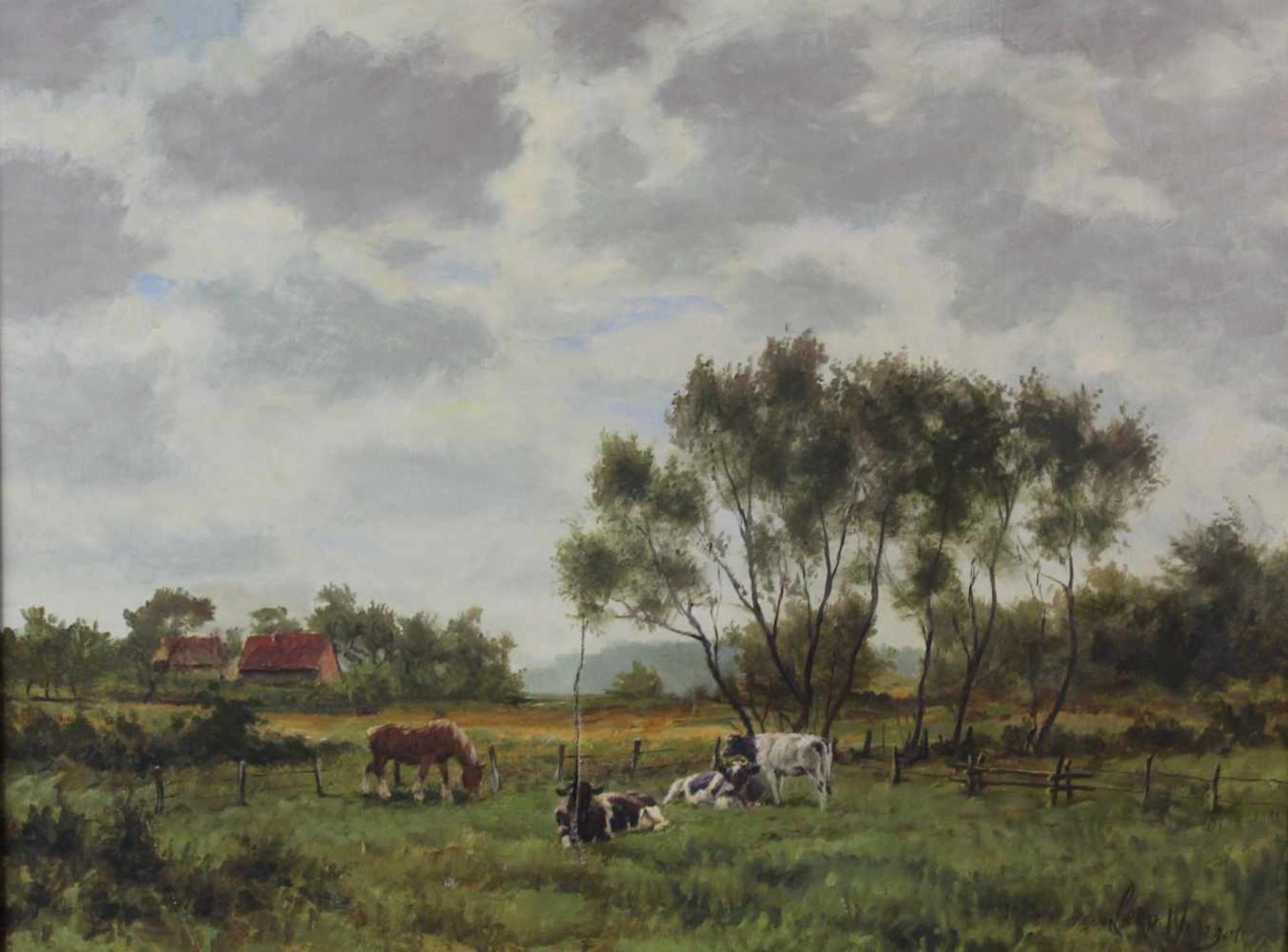 Leopold WENZEL (1885-1972). Pferd und 3 Kühe auf Sommerweide. 60 cm x 80 cm. Gemälde. Öl auf