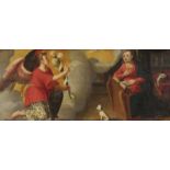UNSIGNIERT (XVI - XVII). Die jungfräuliche Verkündigung. 32 cm x 80 cm. Gemälde. Öl auf Leinwand.