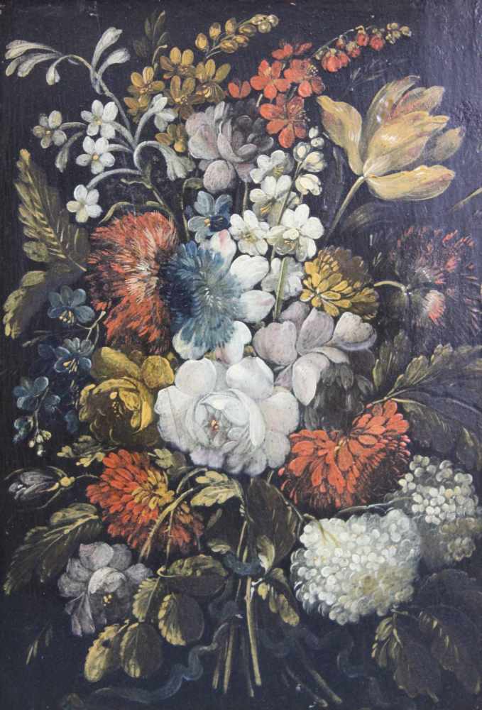 UNSIGNIERT (XVIII - XIX). Zwei Blumenstillleben. Je 29 cm x 20,5 cm. Gemälde. Öl auf Holz. Verso - Image 5 of 9