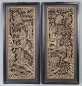 2 Paneele Holz geschnitzt. Wohl China alt. Je 77 cm x 34 cm. 2 panels carved wood. Probably China