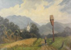 M. WANNER (XIX / XX). Andacht am Marterl. Alpen. Oberbayern. 61 cm x 85 cm. Gemälde. Öl auf