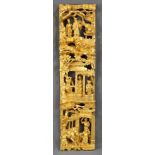Holzpaneel. Geschnitzt. Goldfarben. Pferd, Personen und Gebäude. China alt. 62 cm x 15 cm. Wood