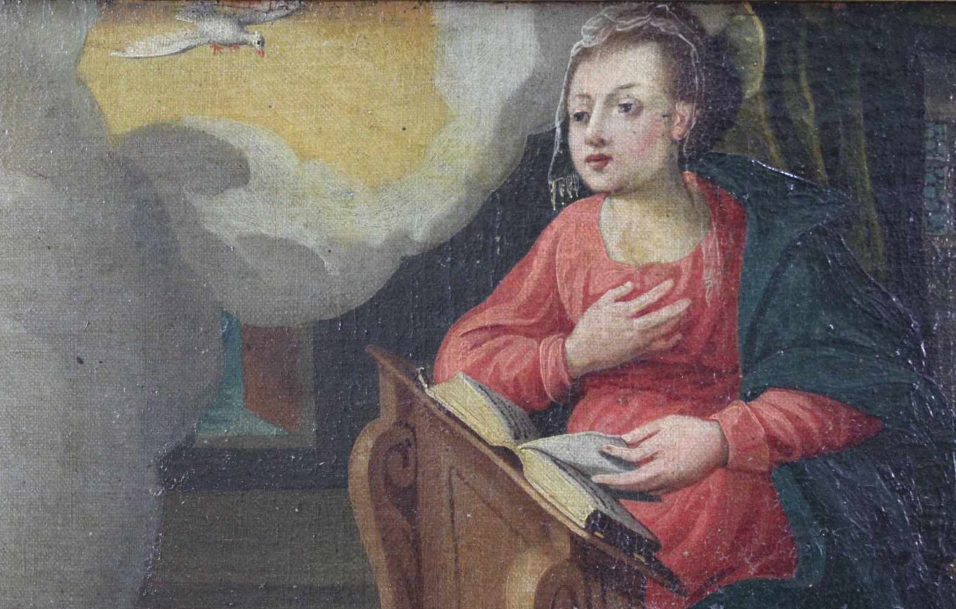 UNSIGNIERT (XVI - XVII). Die jungfräuliche Verkündigung. 32 cm x 80 cm. Gemälde. Öl auf Leinwand. - Bild 4 aus 6