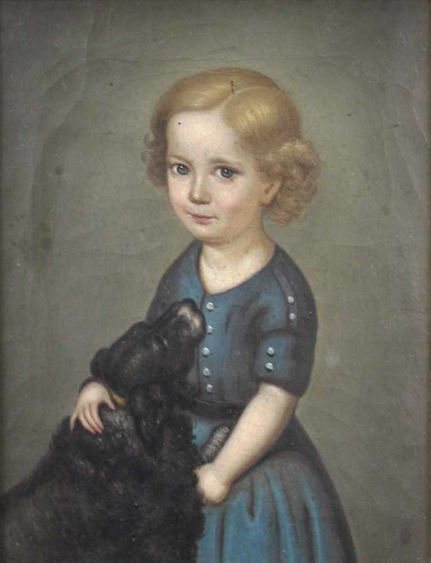 UNSIGNIERT (XIX). Biedermeierportait. Mädchen mit Spaniel. 17 cm x 14 cm. Gemälde. Öl auf