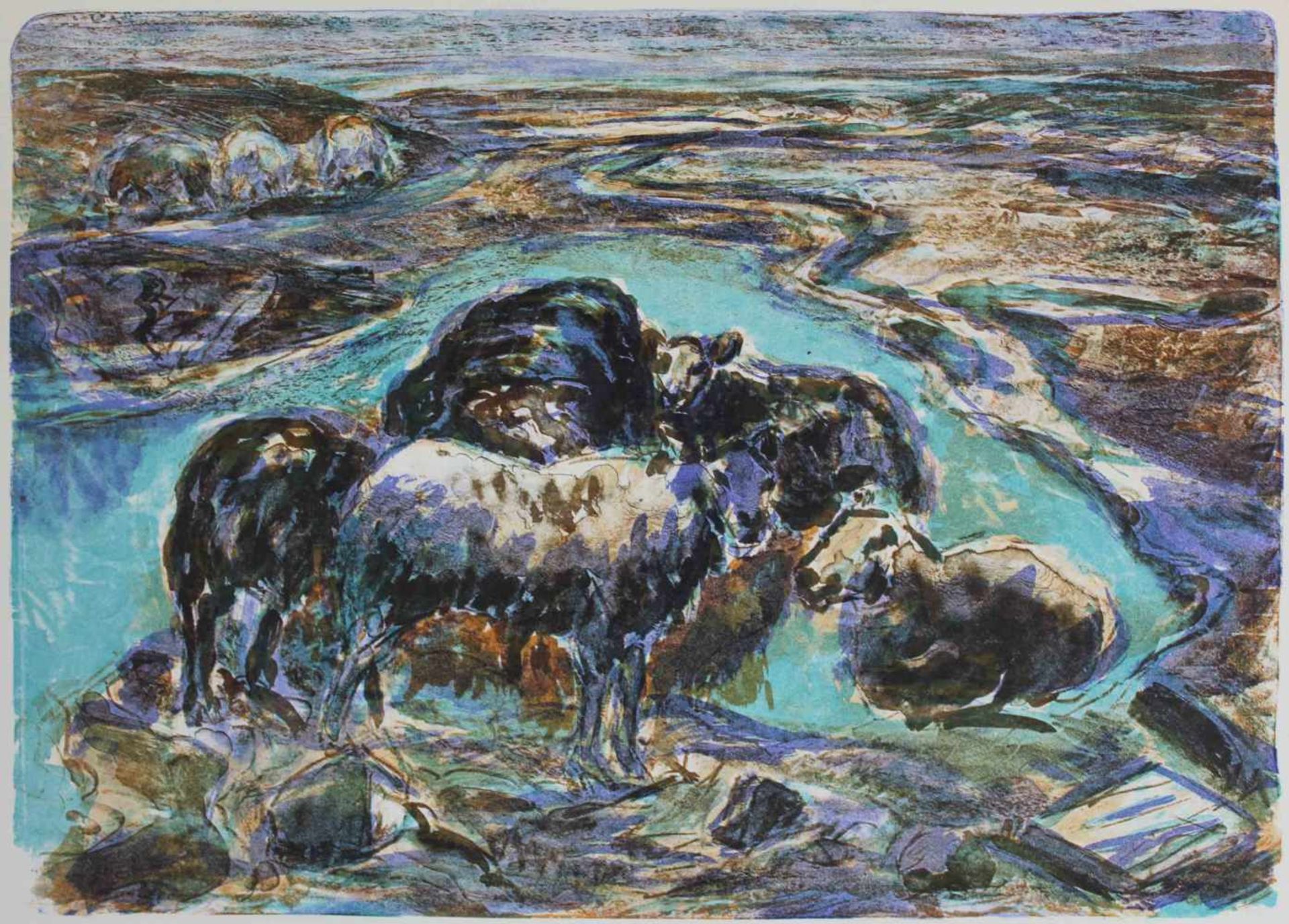 Helmut STURM (1932 - 2008). "Sylter Watt und Schafe" 1992. 50 cm x 65 cm das Blatt. Lithographie auf
