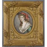 UNSIGNIERT (XIX - XX). Miniatur. Portrait. Dame mit Hut. Oval 7,5 cm x 6,5 cm im Ausschnitt.
