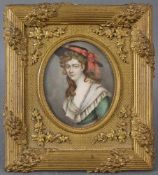 UNSIGNIERT (XIX - XX). Miniatur. Portrait. Dame mit Hut. Oval 7,5 cm x 6,5 cm im Ausschnitt.