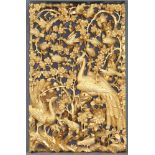 Holzpaneel. Geschnitzt. Goldfarben. Vogeldekor. China alt. 65 cm x 40 cm. Wood panel. Carved. Gold