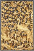 Holzpaneel. Geschnitzt. Goldfarben. Vogeldekor. China alt. 65 cm x 40 cm. Wood panel. Carved. Gold