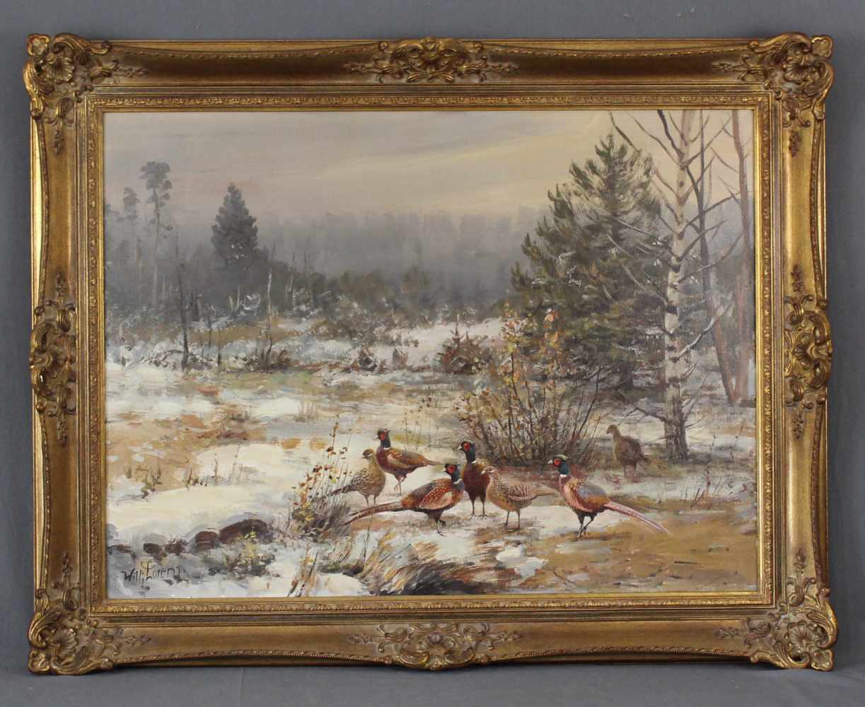 Willy LORENZ (1901 - 1981). Vier Fasane mit drei Rebhühnern in Winterlandschaft. 60 cm x 80 cm. - Image 2 of 7