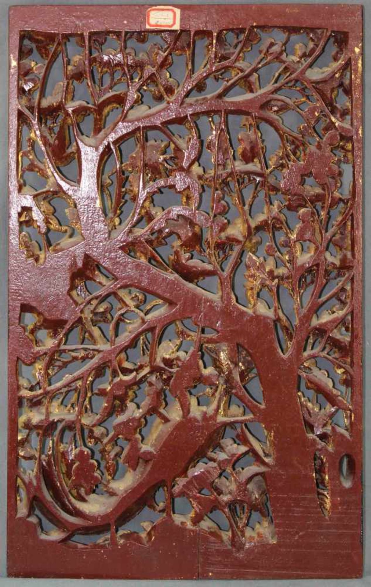 Holzpaneel. Geschnitzt. Goldfarben. Vogeldekor. China alt. 64 cm x 39,5 cm. Wood panel. Carved. Gold - Bild 6 aus 7