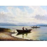 Helmut STADELHOFER (1914 - 1979). 2 Fischerboote auf dem Bodensee. Blick Richtung Bregenz. 60 cm x