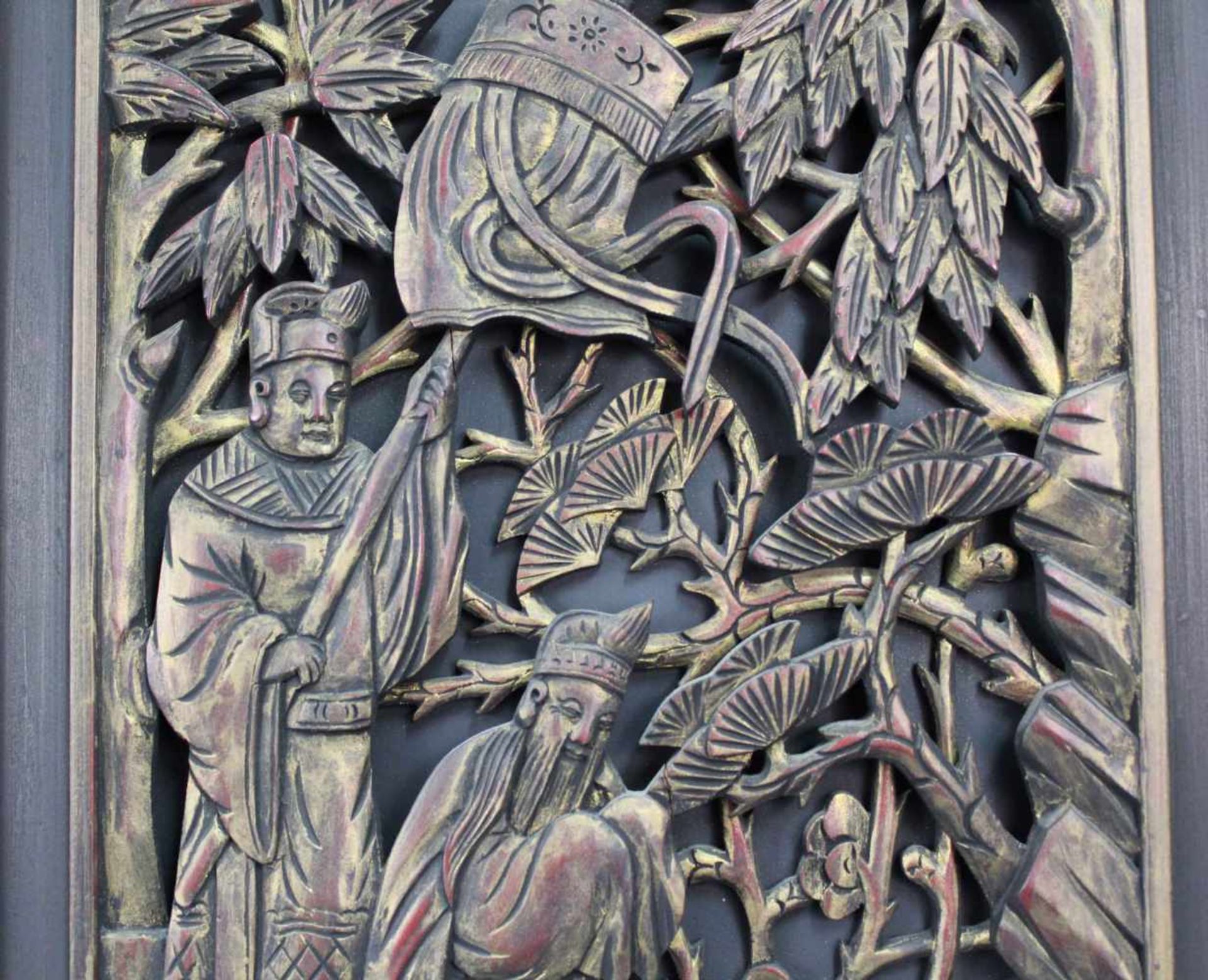 2 Paneele Holz geschnitzt. Wohl China alt. Je 77 cm x 34 cm. 2 panels carved wood. Probably China - Image 5 of 7