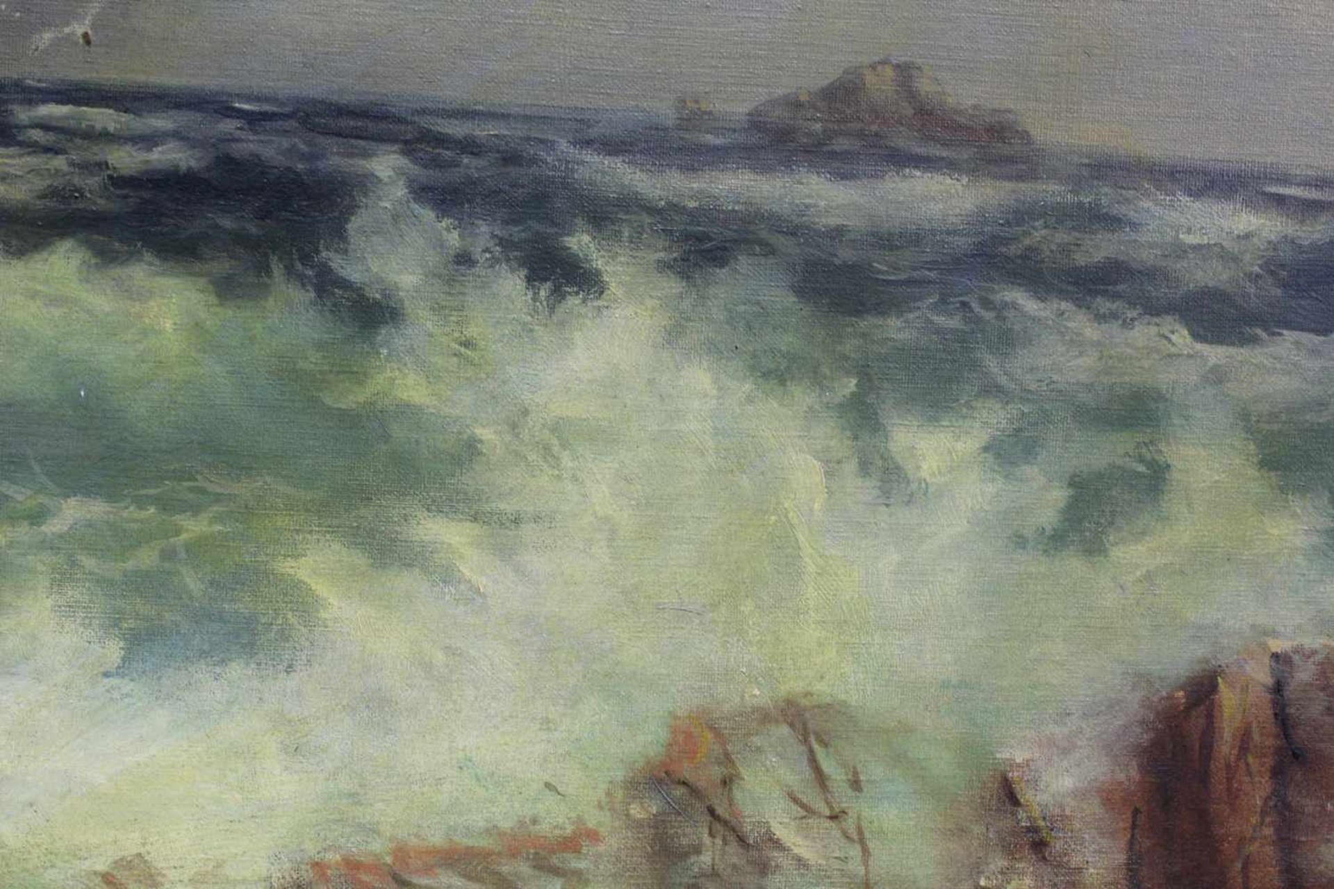 Emanuel HOSPERGER (1891 - 1984). Meeresbrandung mit Möwen. 45 cm x 146 cm. Ölgemälde auf Leinwand. - Image 5 of 8