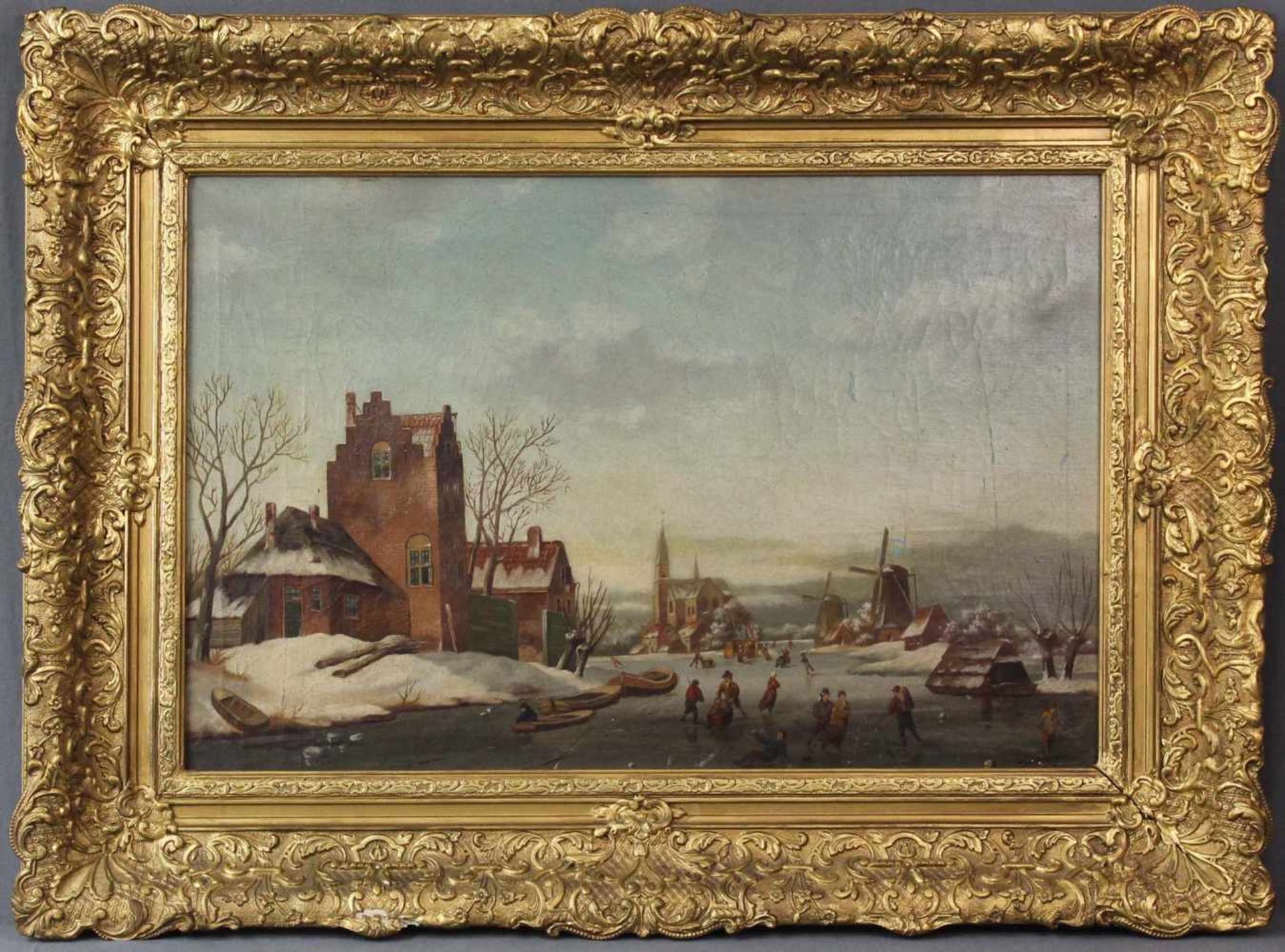 Jacob Jan Coenraad SPOHLER (1837 - 1922). Eisvergnügen vor niederländischer Stadt. 42 cm x 61 cm. - Image 2 of 6