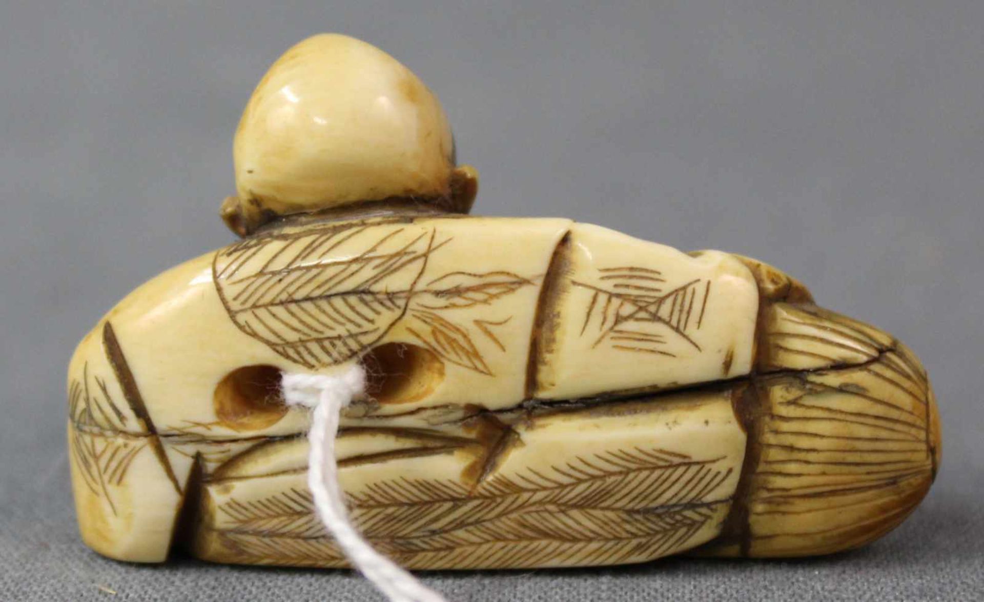 Netsuke. Elfenbein? Geschnitzt. Japan, wohl Meiji - Zeit 1869 - 1912. 52 mm lang. Netsuke. Ivory? - Image 3 of 6