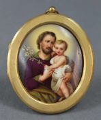 Miniatur, Josef mit Jesus. Malerei auf Porzellan. 8,5 cm x 7 cm. Miniature, Joseph with Jesus.