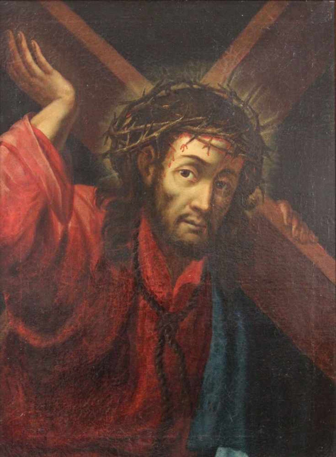 UNSIGNIERT (XVIII). Jesus mit Dornenkrone und dem Kreuz. 67 cm x 50 cm. Gemälde. Öl auf Leinwand auf