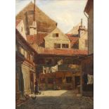 August FISCHER (1854 - 1921). Waschweiber in der Nürnberger Altstadt. 62 cm x 44 cm. Rechts unten