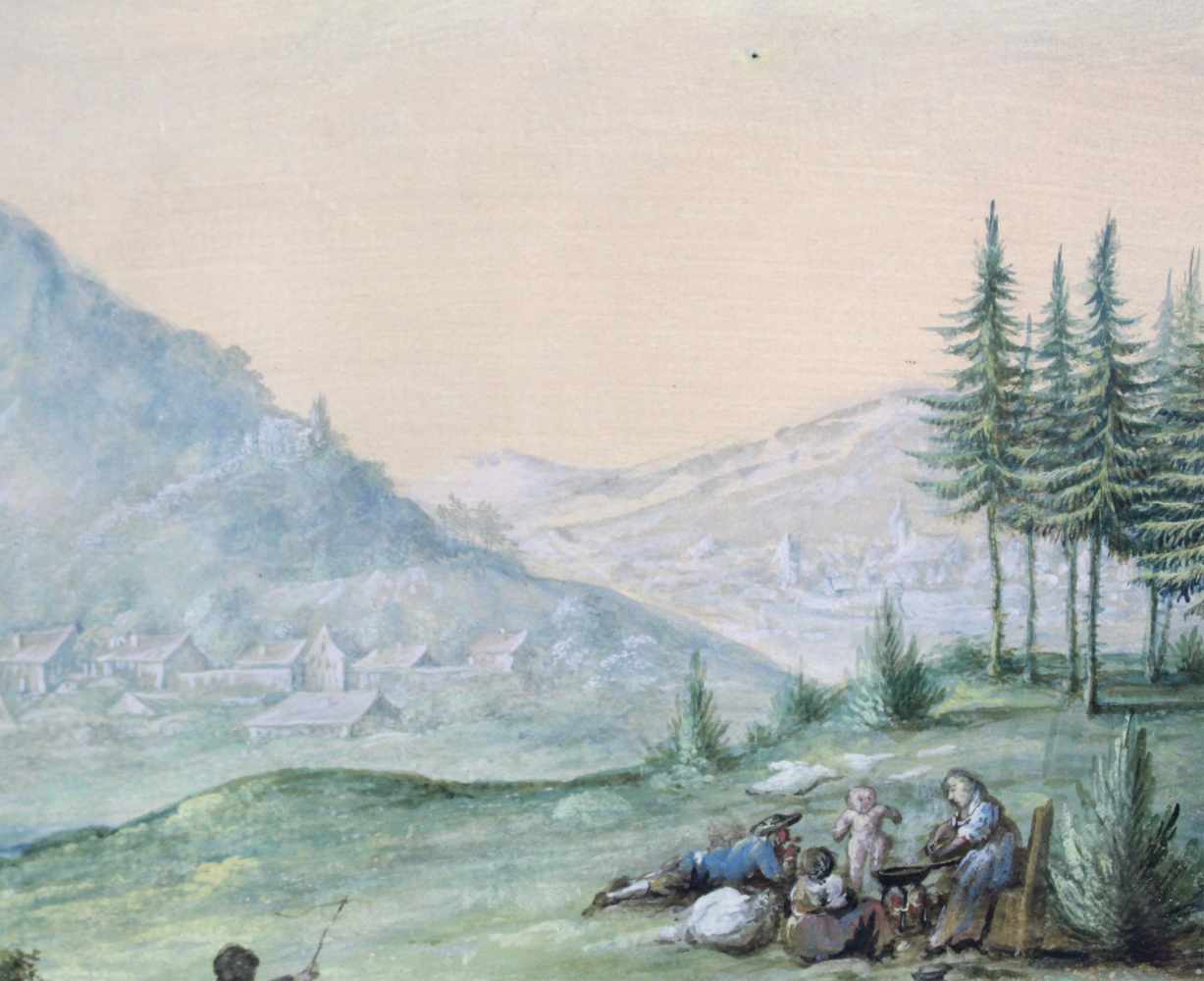 UNSIGNIERT (XIX). Landleben in den Schweizer Alpen. 28 cm x 21 cm im Ausschnitt. Gouache auf Papier. - Image 4 of 7