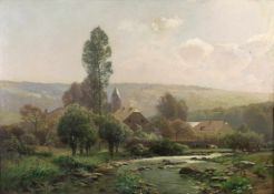 Heinrich BÖHMER (1852 - 1930). Dorf am Fluss. 76 cm x 105 cm. Gemälde. Öl auf Leinwand. Rechts unten