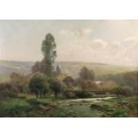 Heinrich BÖHMER (1852 - 1930). Dorf am Fluss. 76 cm x 105 cm. Gemälde. Öl auf Leinwand. Rechts unten