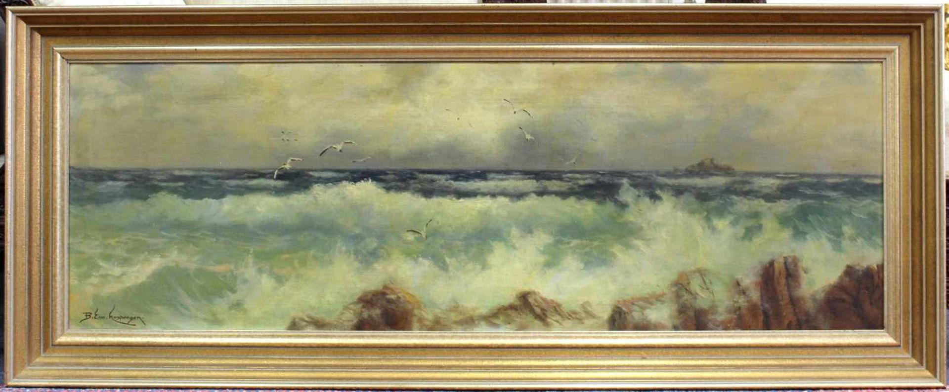Emanuel HOSPERGER (1891 - 1984). Meeresbrandung mit Möwen. 45 cm x 146 cm. Ölgemälde auf Leinwand. - Image 2 of 8