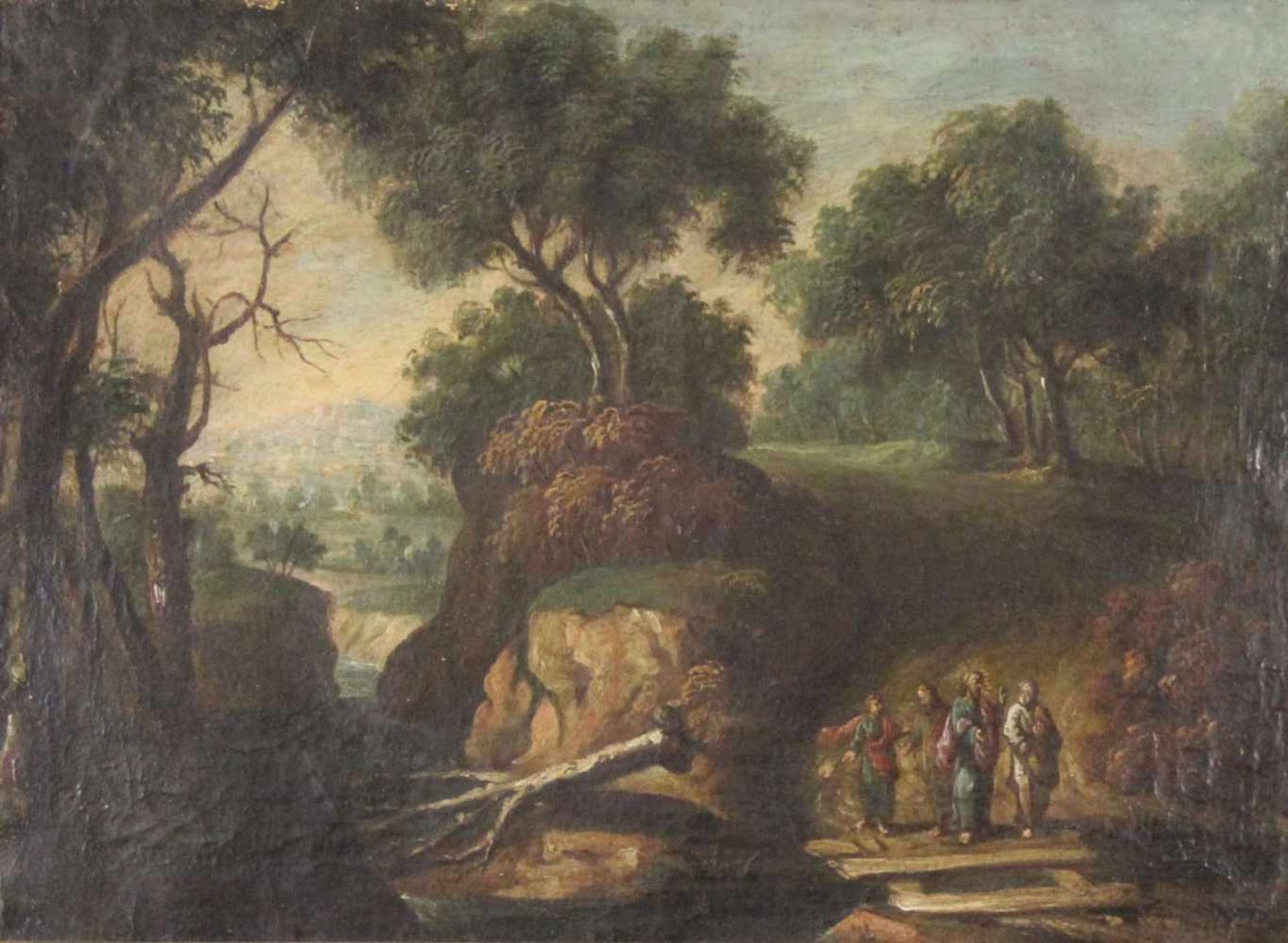 UNSIGNIERT (XVII - XVIII). Jesus mit drei Jüngern. 30 cm x 41 cm. Gemälde. Öl auf Leinwand. UNSIGNED