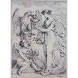 MONOGRAMMIST "C.N." (XIX). Die Göttin Hebe mit Adler und Amor. Datiert 1821. 20 cm x 15 cm.