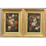UNSIGNIERT (XVIII - XIX). Zwei Blumenstillleben. Je 29 cm x 20,5 cm. Gemälde. Öl auf Holz. Verso