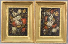 UNSIGNIERT (XVIII - XIX). Zwei Blumenstillleben. Je 29 cm x 20,5 cm. Gemälde. Öl auf Holz. Verso