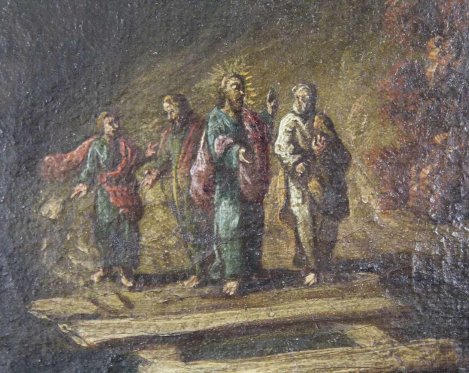 UNSIGNIERT (XVII - XVIII). Jesus mit drei Jüngern. 30 cm x 41 cm. Gemälde. Öl auf Leinwand. UNSIGNED - Bild 3 aus 6