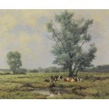 Leopold WENZEL (1885 - 1972). Kühe an der Tränke. 50 cm x 60 cm. Gemälde. Öl auf Leinwand. Rechts